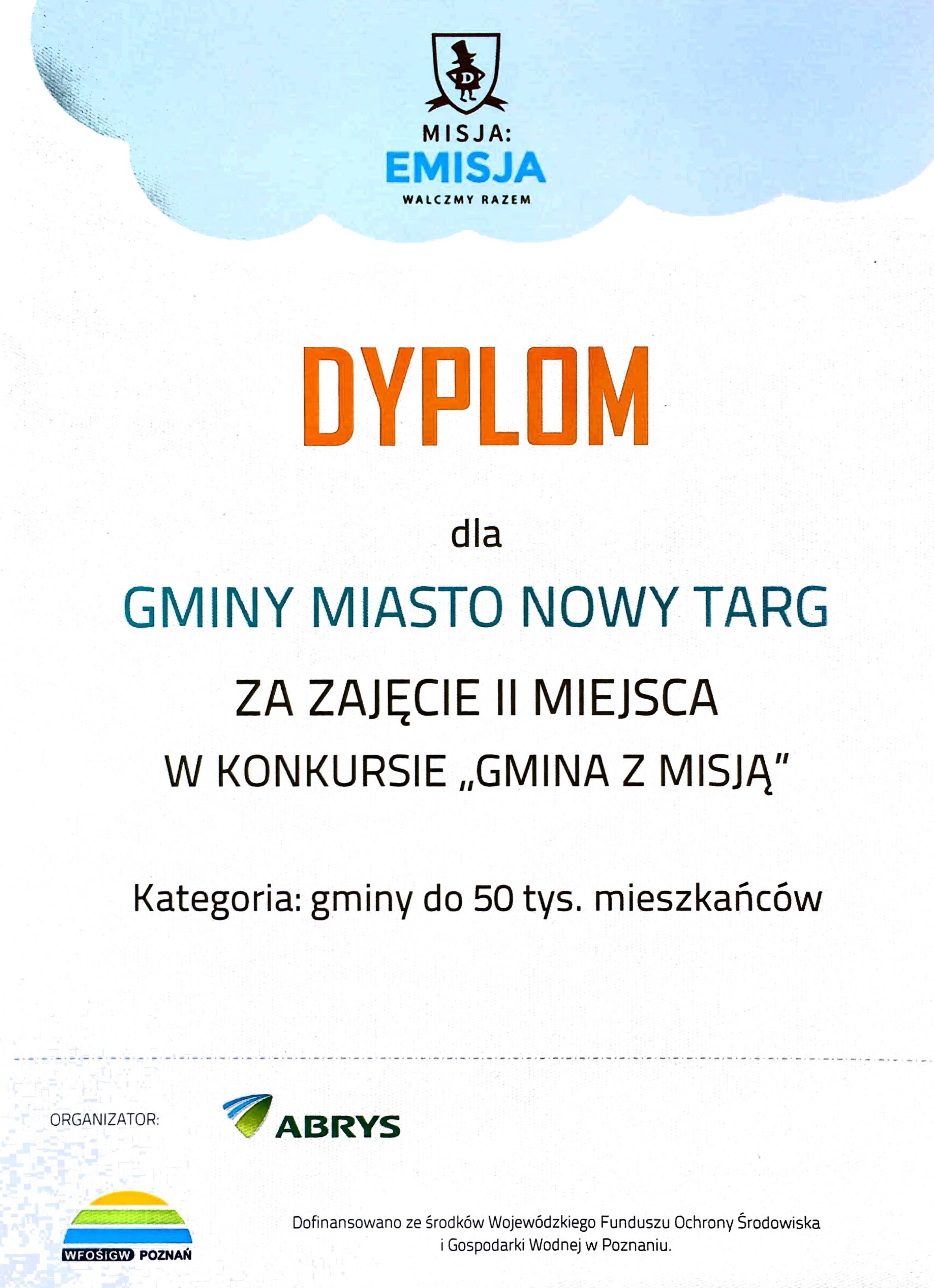 Dyplom dla miasta Nowy Targ za zajęcie II miejsca w Polsce w zakresie walki z Niską Emisją!