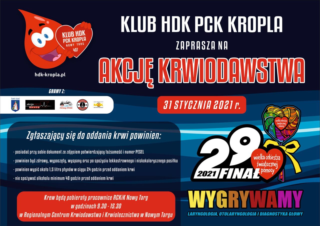 31 stycznia - akcja krwiodawstwa w ramach 29. Finału WOŚP
