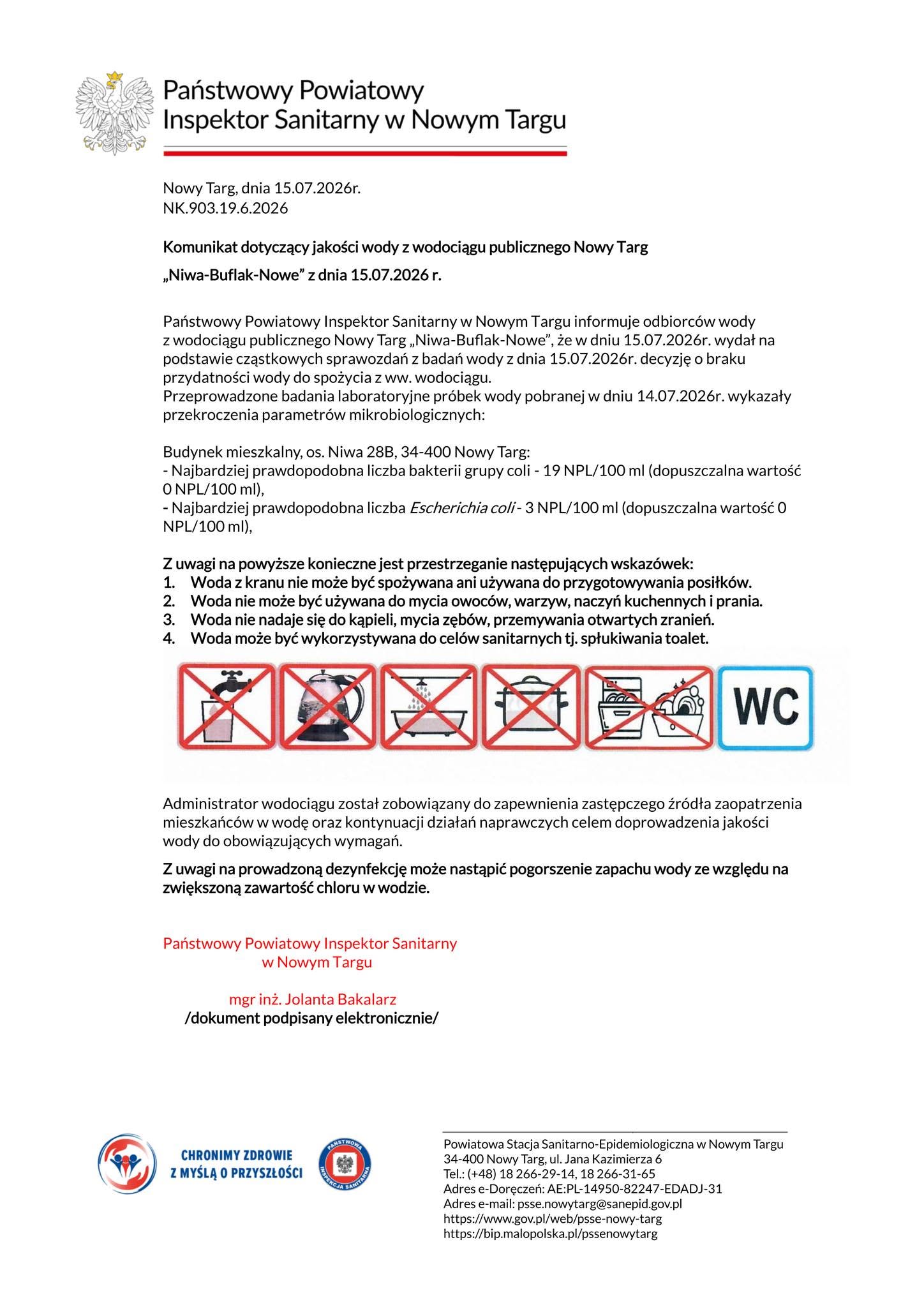 Woda z wodociągu „Niwa-Buflak-Nowe” w Nowym Targu nie nadaje się do spożycia